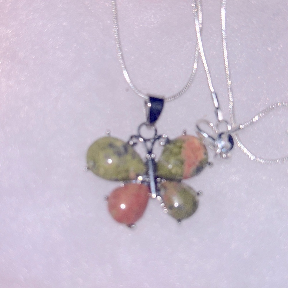 Boho hippie Unakite Butterfly Sterling Silver 16” Necklace - Picture 5 of 6